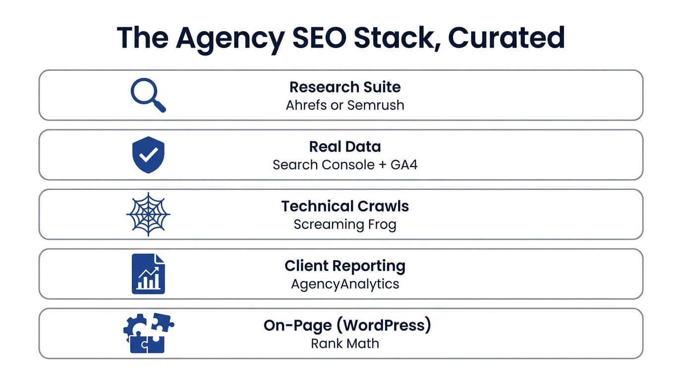 Agency SEO tool stack organized by job to be done: research, real data, crawls, reporting, on-page