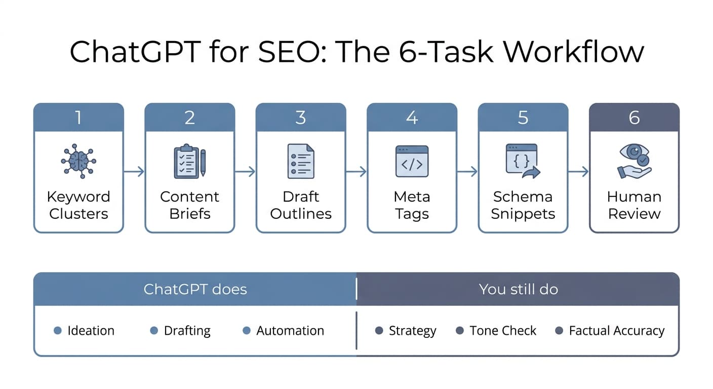 ChatGPT for SEO 6-task workflow: keyword clusters to content briefs to drafts to meta tags to schema to human review