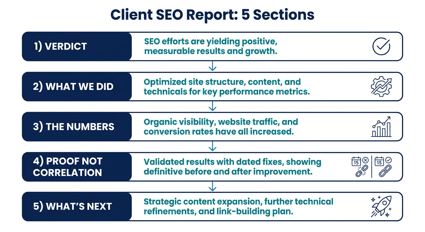 Client SEO report template: the five sections in order, verdict, what we did, the numbers, proof not correlation, what's next