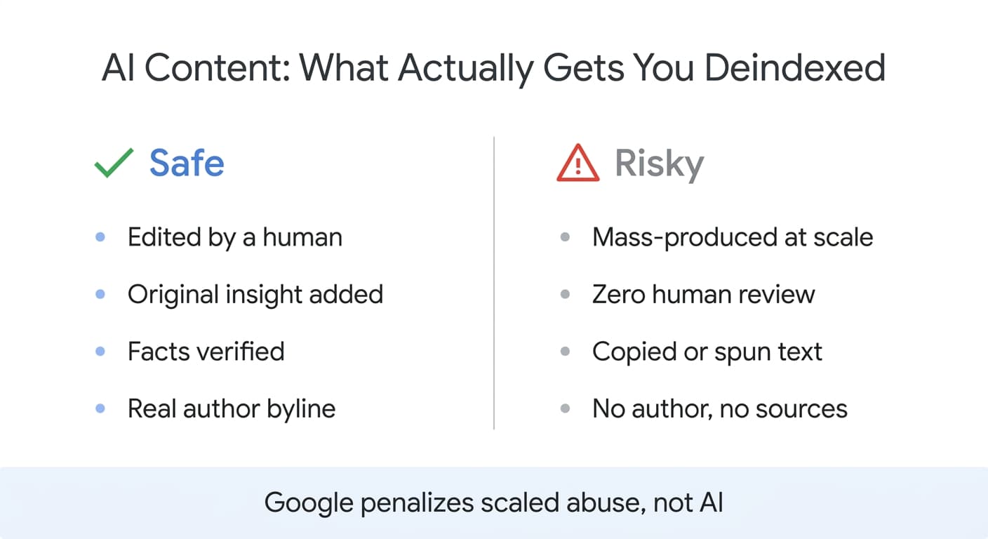 Vergleichsdiagramm sicherer gegenüber riskanter KI-Content-Praktiken für SEO, das zeigt, dass Google Missbrauch durch skalierte Inhalte abstraft, nicht den Einsatz von KI selbst