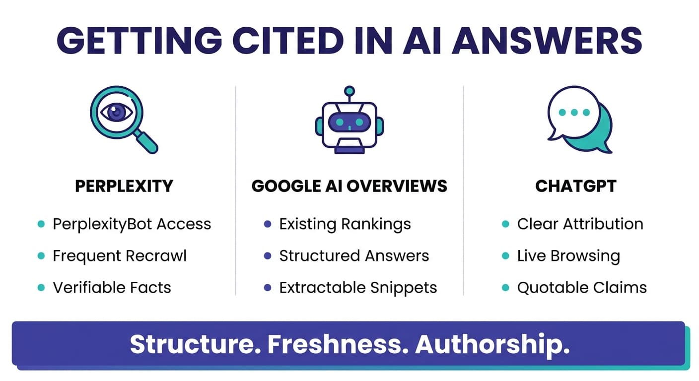 Comparison infographic of how Perplexity, Google AI Overviews, and ChatGPT decide what to cite