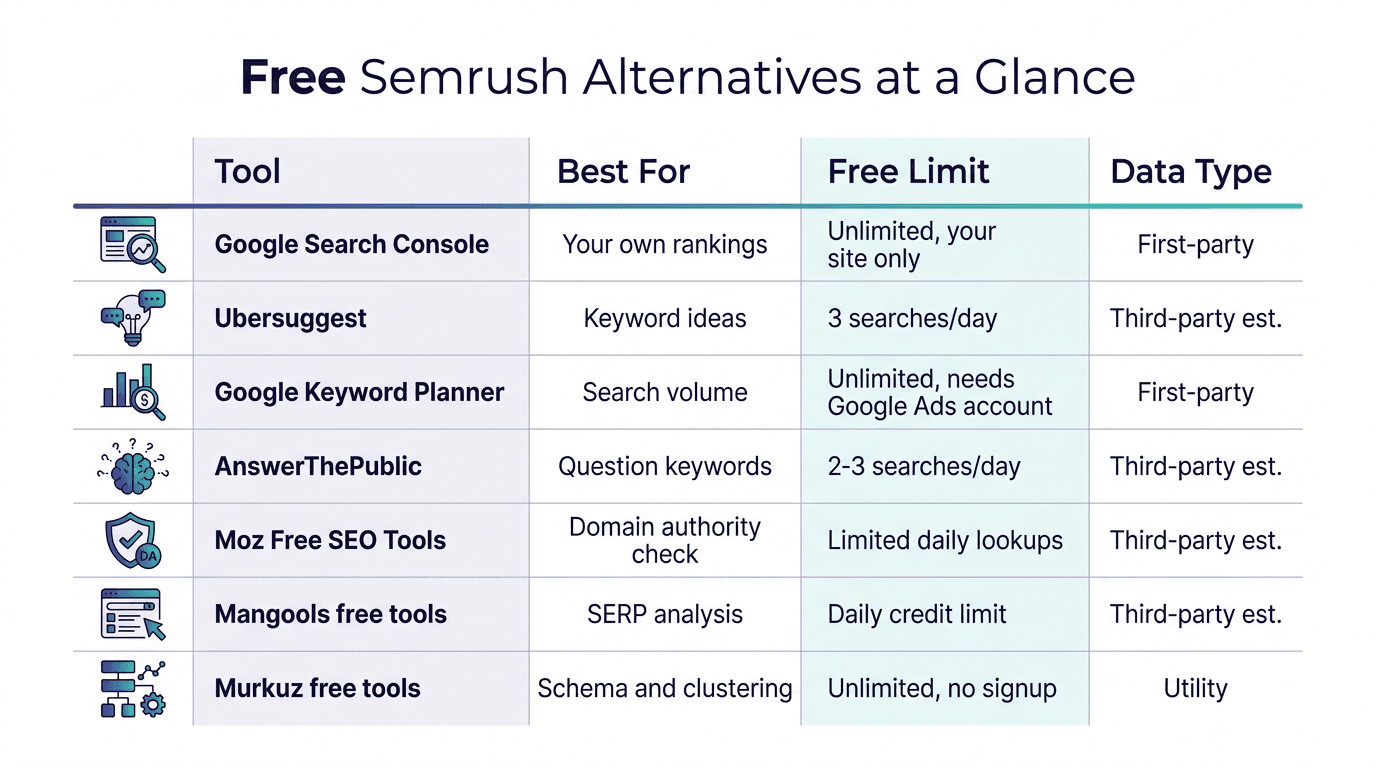 Comparison table of free Semrush alternatives including Google Search Console, Ubersuggest, Google Keyword Planner, AnswerThePublic, Moz, Mangools, and Murkuz free tools