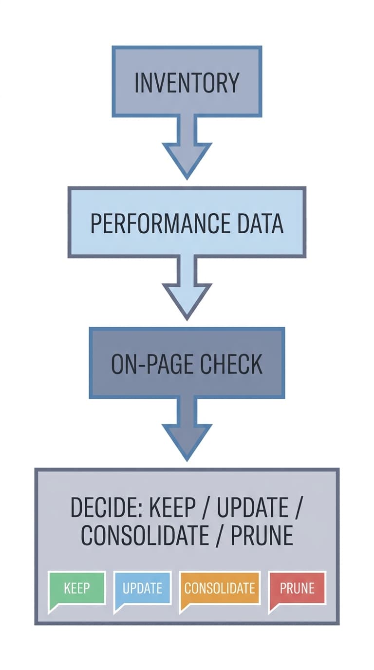 Content audit decision flow: inventory then performance data then decide keep update consolidate or prune