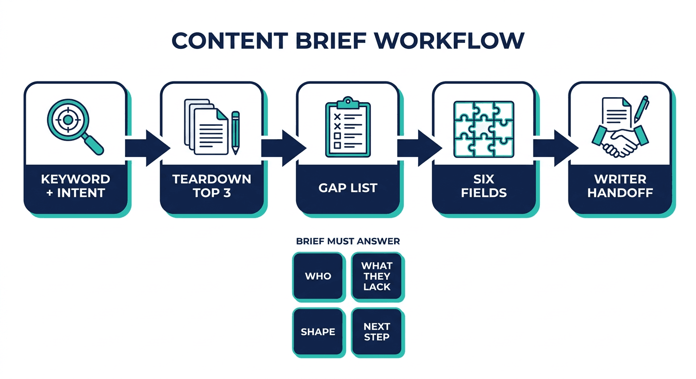 Content-Briefing-Workflow: Keyword und Intention, Wettbewerbsanalyse, Lückenliste, sechs Pflichtfelder, Übergabe an den Autor