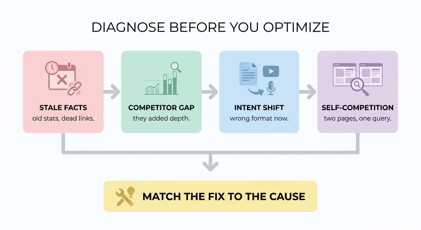 Content-Optimierungsstrategie für Seiten, die nicht mehr ranken: veraltete Fakten, Wettbewerbslücke, verschobene Intention oder Selbstkonkurrenz diagnostizieren und dann den Fix an die Ursache anpassen