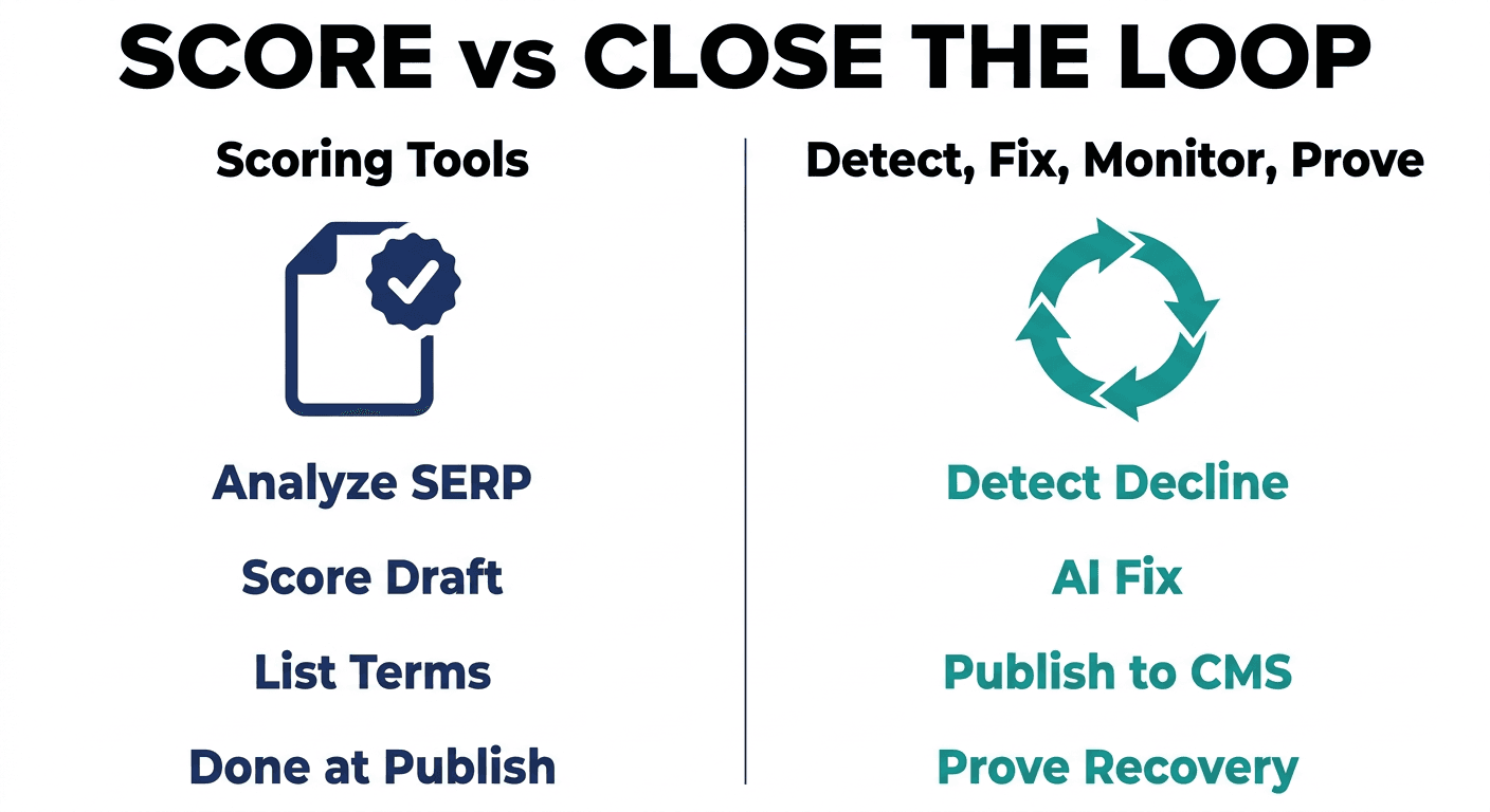 Vergleich von Content-Optimierungs-Tools: reine Scoring-Tools versus ein Workflow aus Erkennen, Korrigieren, Veroeffentlichen, Ueberwachen und Beweisen