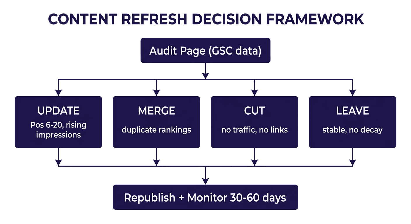 Content refresh decision flow: audit page, check the four signals, route to update, merge, cut, or leave, then republish and monitor for 30 to 60 days