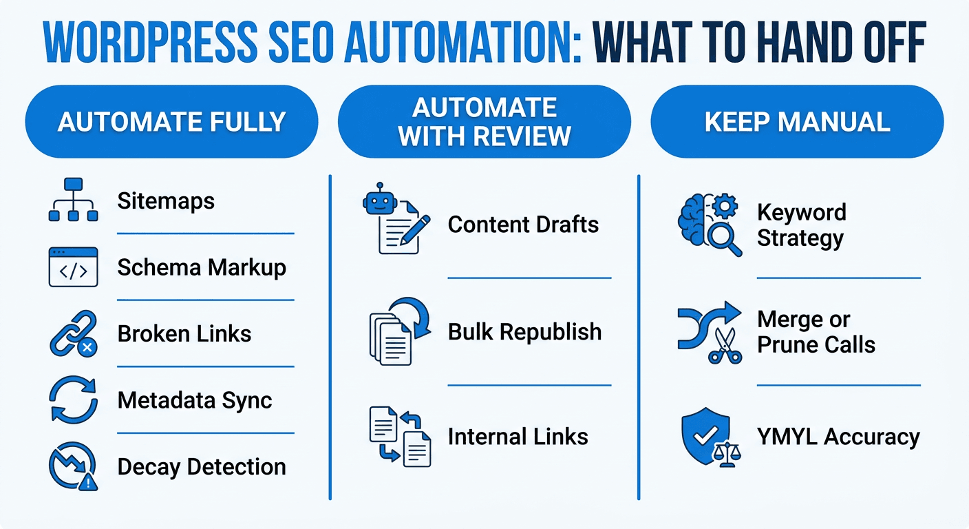 Decision chart: WordPress SEO tasks to automate fully, automate with review, or keep manual