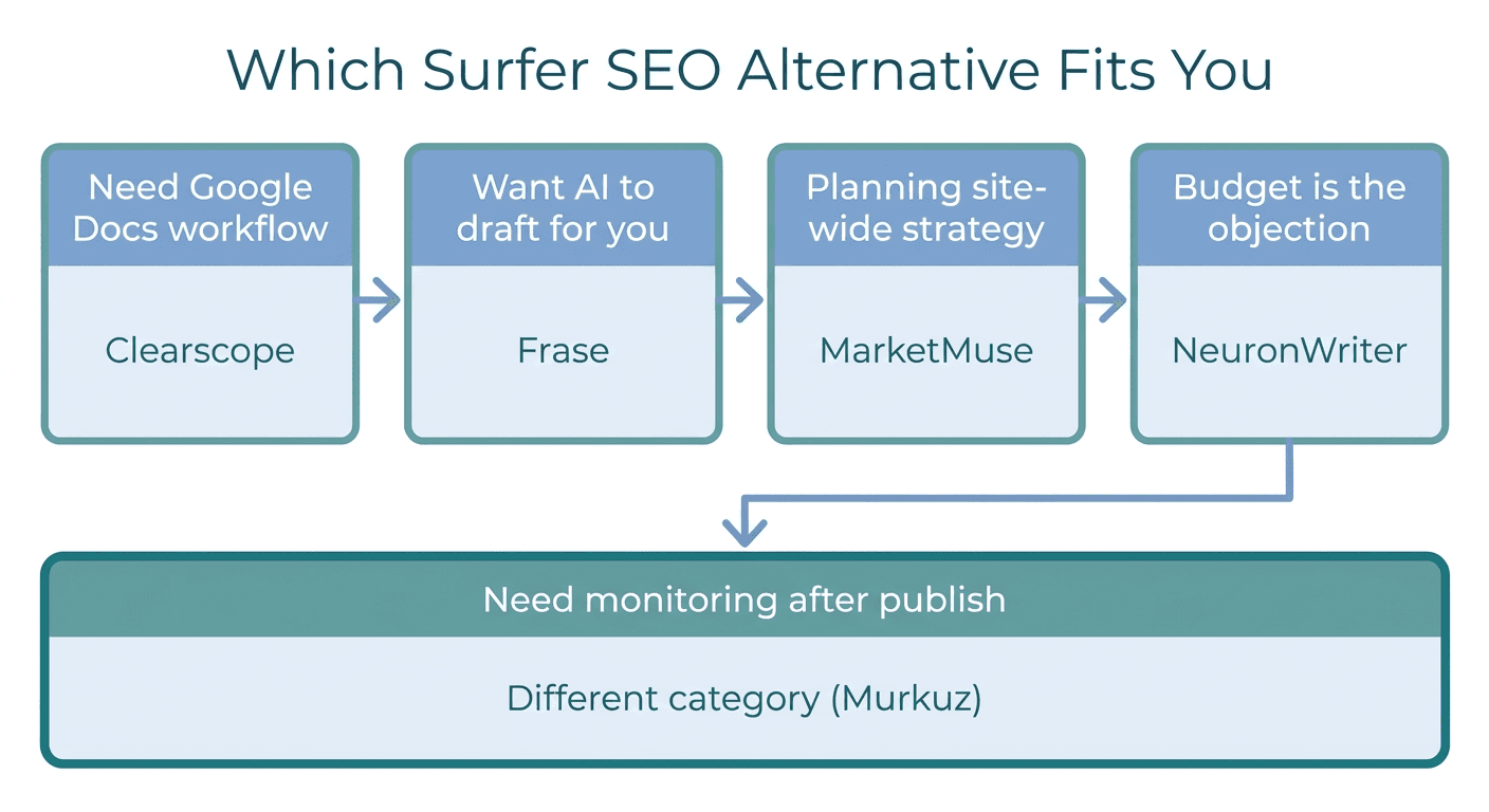 Decision flow: match your Surfer SEO frustration to the right alternative category, from content grading to full operations