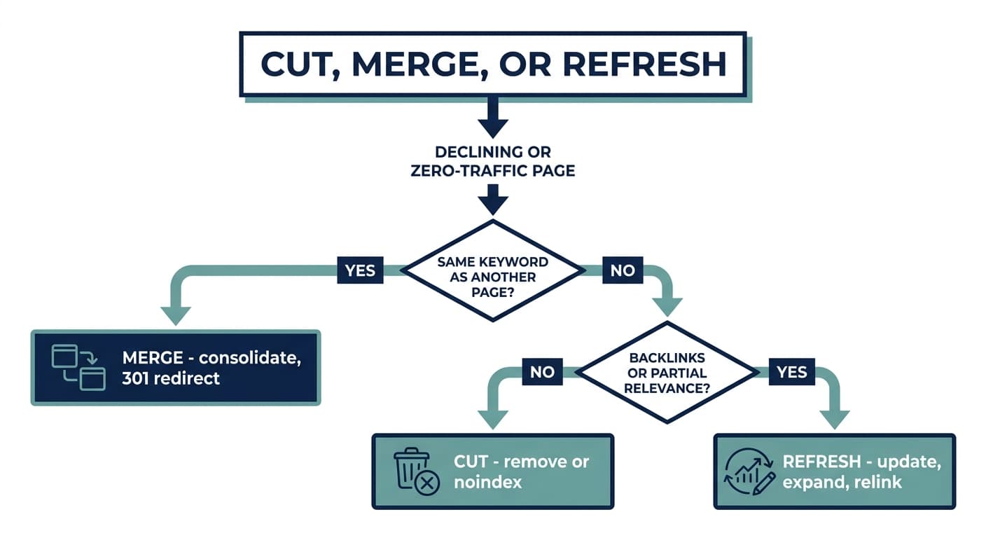 Entscheidungsbaum für Content Pruning im SEO: eine Seite entfernen, zusammenführen oder aktualisieren