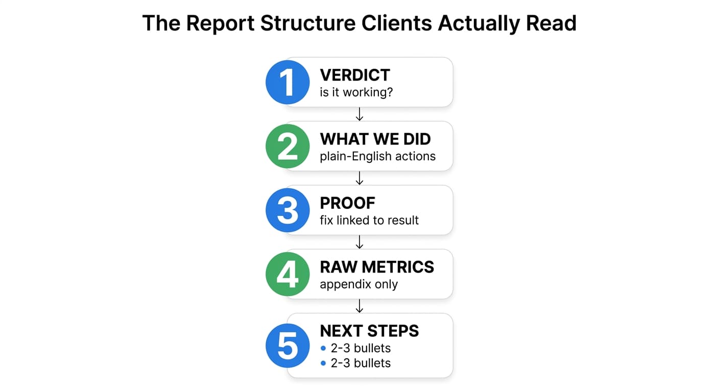 Diagram of the five-step white label SEO report structure clients actually read: verdict, what we did, proof, raw metrics, next steps