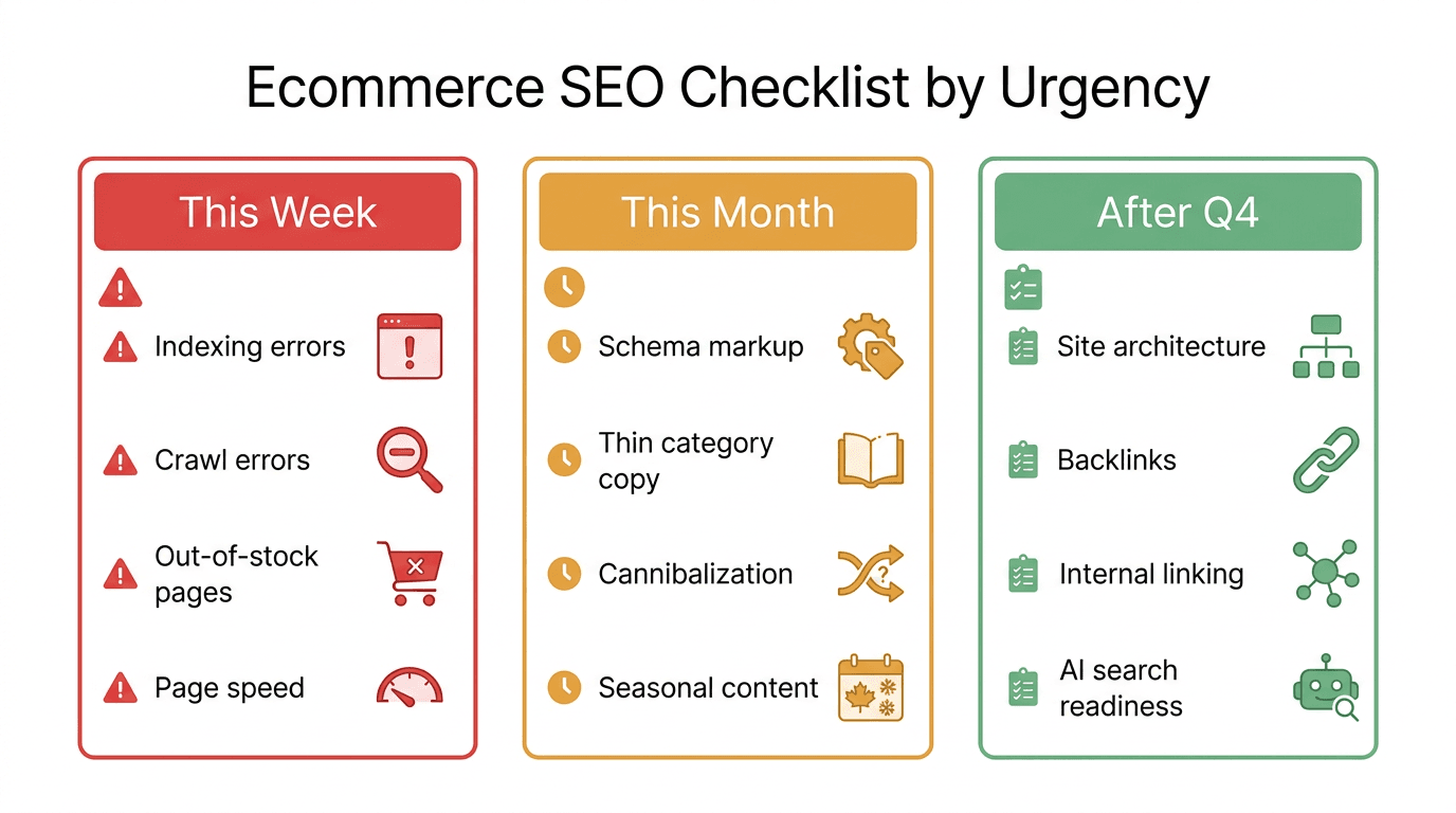 Prioritätentabelle der E-Commerce-SEO-Checkliste mit den Stufen diese Woche, diesen Monat und nach Q4 samt Beispielaufgaben je Stufe