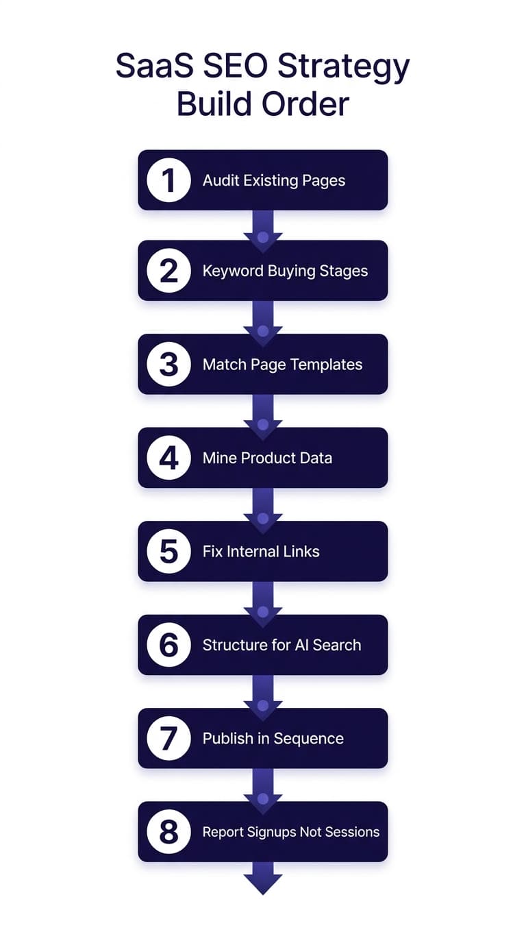 Eight-step SaaS SEO strategy build order: audit existing pages, keyword buying stages, match page templates, mine product data, fix internal links, structure for AI search, publish in sequence, report signups not sessions