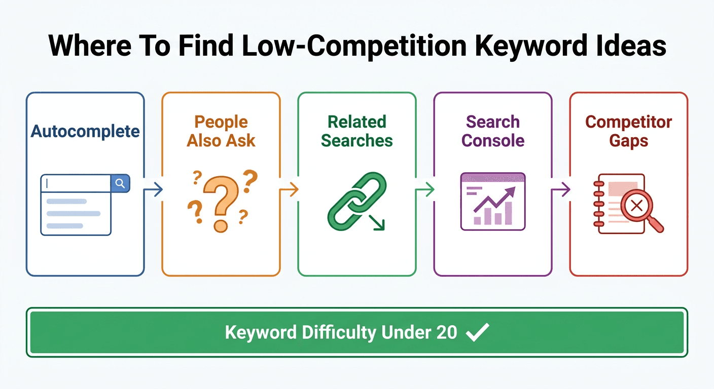 Five free sources for low-competition, high-traffic keyword ideas: autocomplete, People Also Ask, related searches, Search Console, and competitor gaps