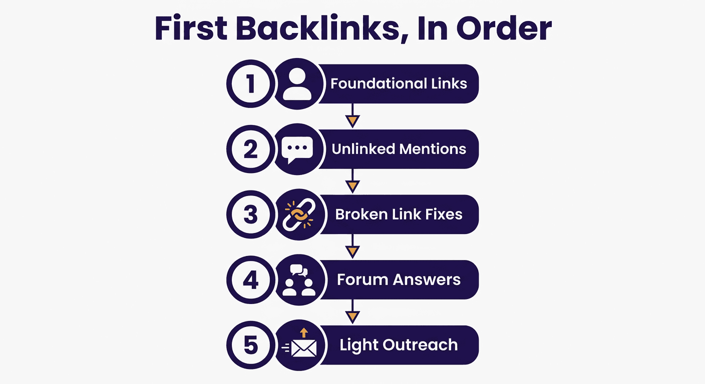Fünf-Schritte-Sequenz ohne Spam für die ersten Backlinks einer brandneuen Website: grundlegende Links, nicht verlinkte Erwähnungen, Reparatur defekter Links, Forenantworten, dann leichte Outreach, sobald eine starke Seite existiert