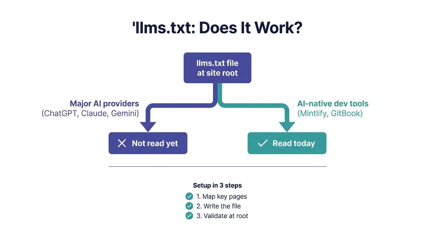 Flow diagram showing llms.txt is not yet read by major AI providers like ChatGPT, Claude, and Gemini, but is read today by AI-native dev tools like Mintlify and GitBook, plus a 3-step setup checklist