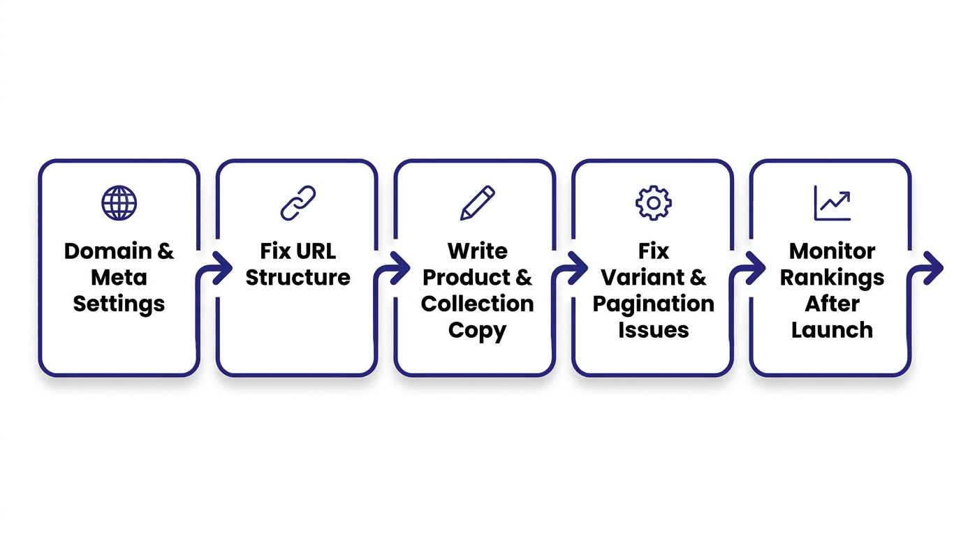 Flow diagram showing the Shopify SEO setup order: domain and meta settings, then URL structure, then product and collection page content, then technical checks for variants and pagination, then ongoing rank monitoring