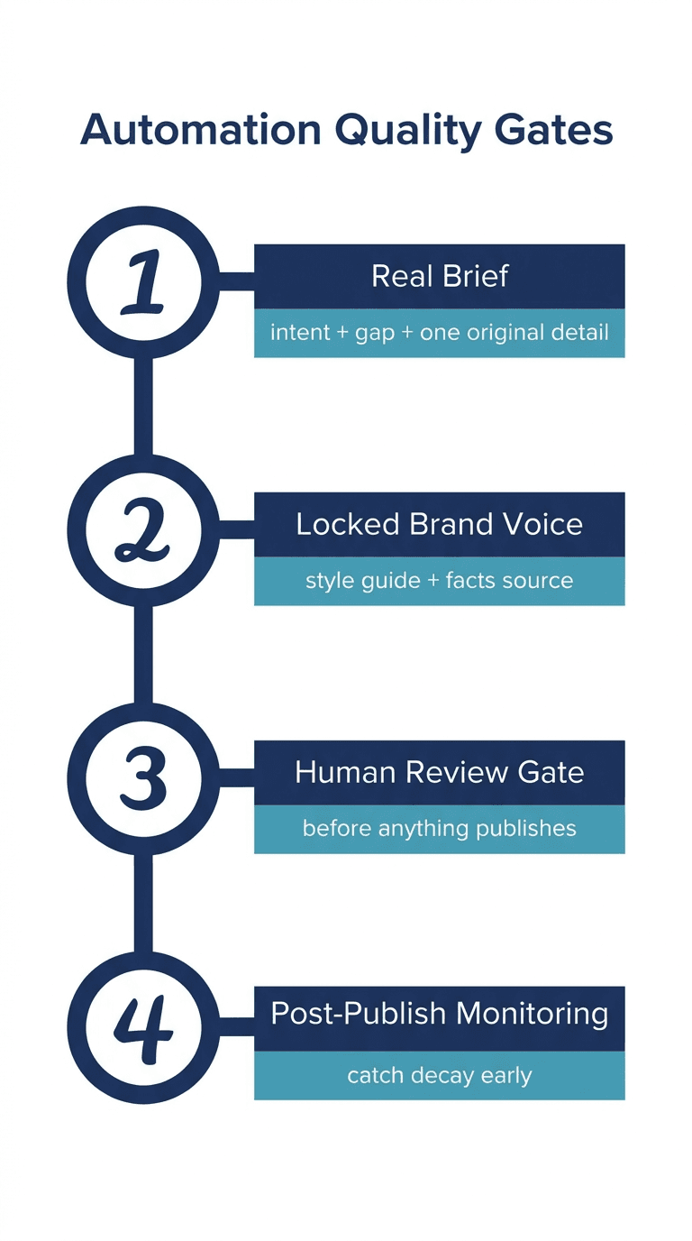 Four-stage checklist: brief with intent and gap, brand voice and facts locked in, human review gate before publish, monitoring after publish for decay
