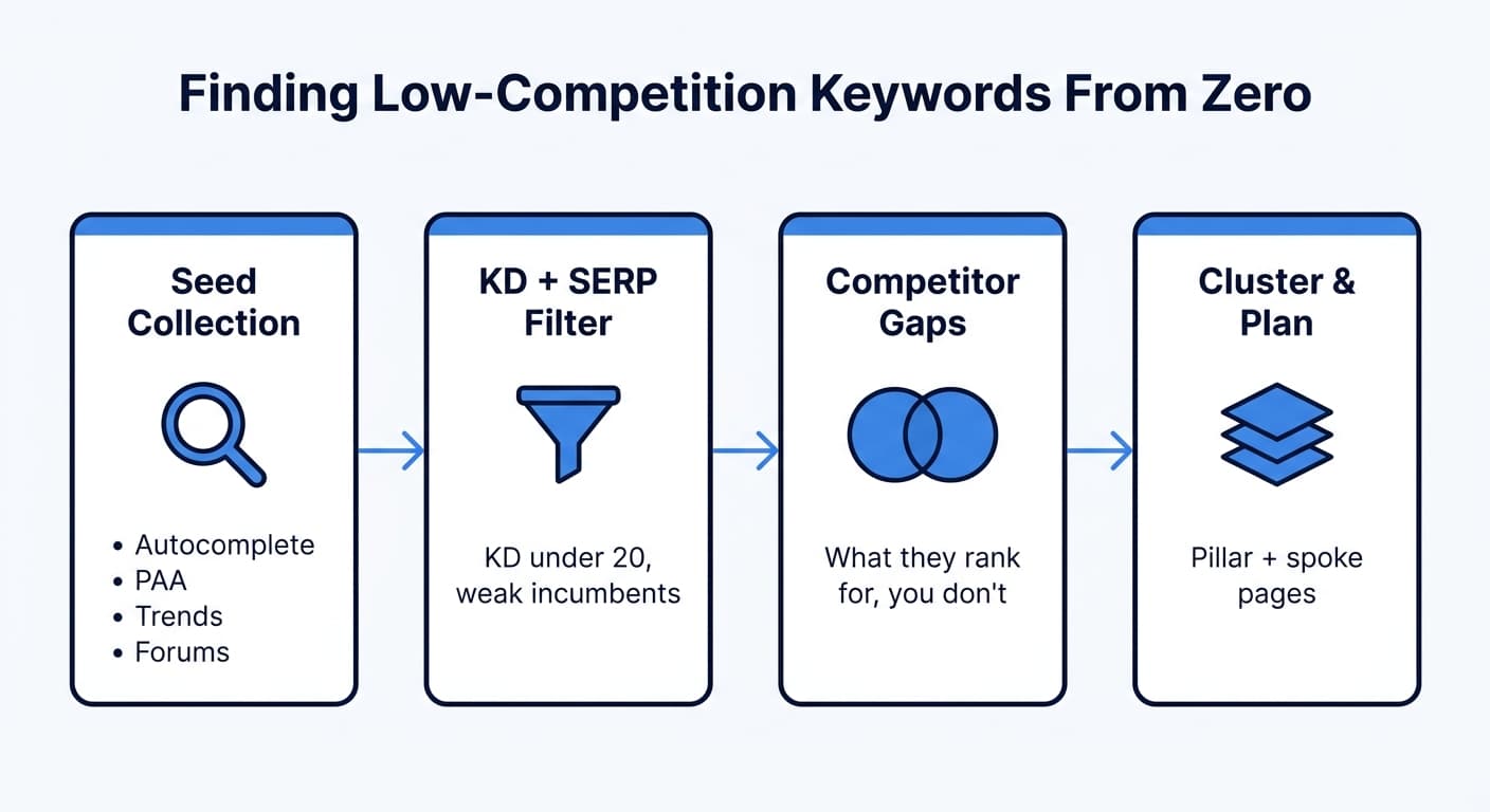 Four-step flow for finding low-competition keywords from zero: seed collection, KD plus SERP filter, competitor gaps, cluster and plan