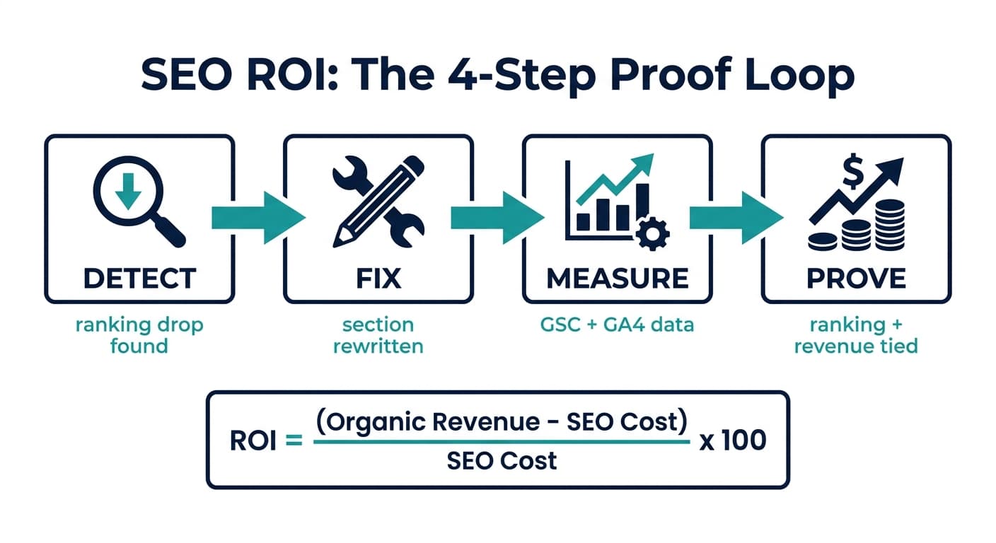 Vierstufige SEO-ROI-Nachweisschleife: einen Ranking-Rückgang erkennen, die Seite reparieren, mit GSC und GA4 messen und dann den ROI mit der Formel belegen
