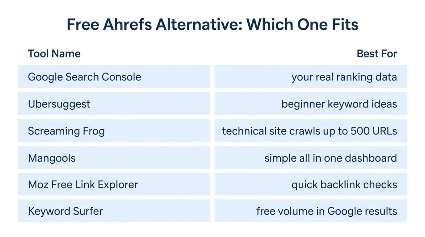 Entscheidungshilfe für die kostenlose Ahrefs-Alternative: welches kostenlose Tool zu welcher SEO-Aufgabe passt