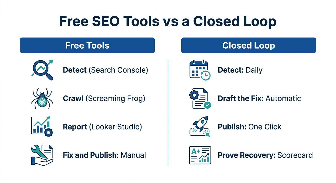 Free SEO tools vs a closed loop: what free tools detect versus what a closed-loop platform detects, fixes, and proves