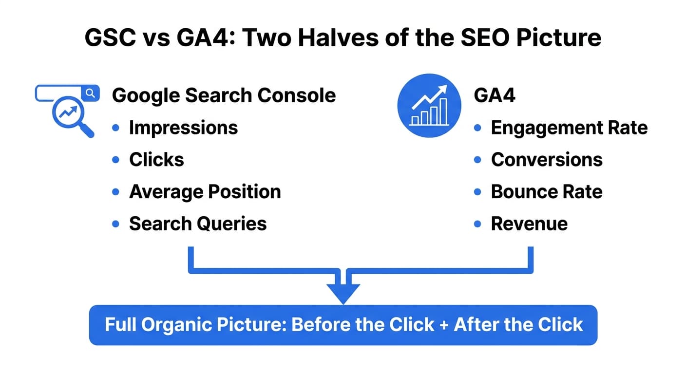 Google Search Console versus GA4 metrics comparison for SEO reporting