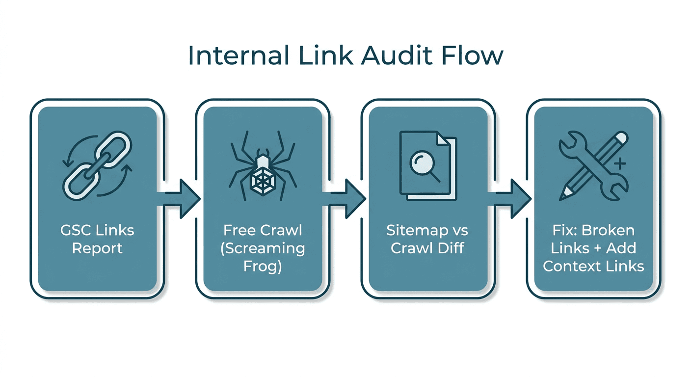 Internal link audit flow: pull GSC internal links report, run a free crawl, diff sitemap against crawl to find orphans, then fix broken links and add contextual links to under-linked pages