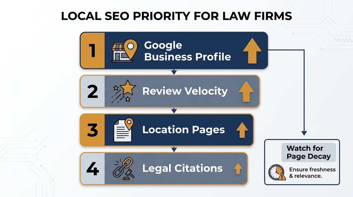 Prioritäten-Stack für Local SEO bei Kanzleien: Google Business Profile, Bewertungsgeschwindigkeit, Standortseiten, juristische Einträge und die Beobachtung von Seiten-Verfall