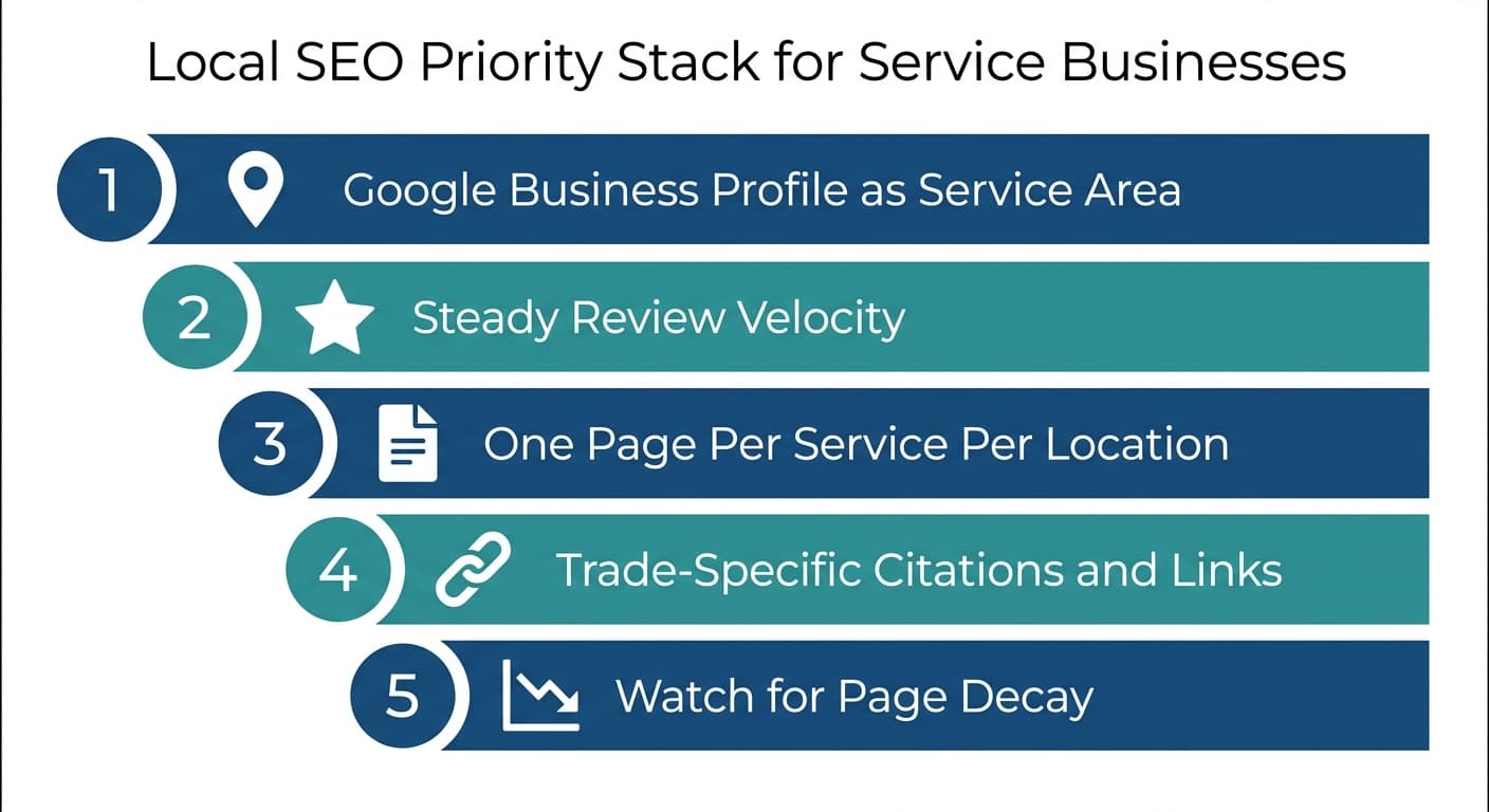 Prioritätsstapel für Local SEO bei Dienstleistungsbetrieben: Einrichtung des Google Business Profils, Bewertungsgeschwindigkeit, Seitenstruktur, Verzeichniseinträge und Seitenverfall