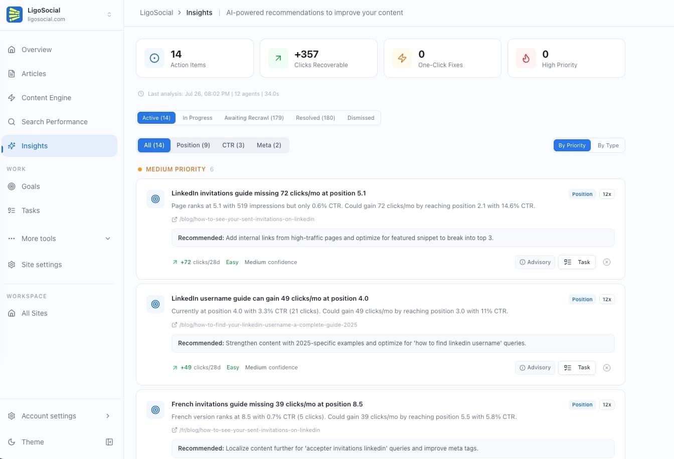 Murkuz Insights listing striking-distance opportunities with position, impressions, CTR, and recoverable clicks