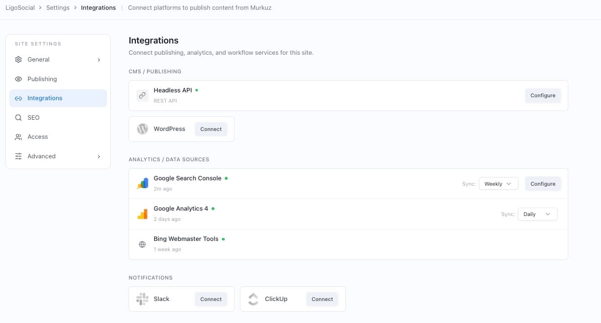 Google Search Console, Google Analytics 4, and Bing Webmaster Tools all connected in Murkuz