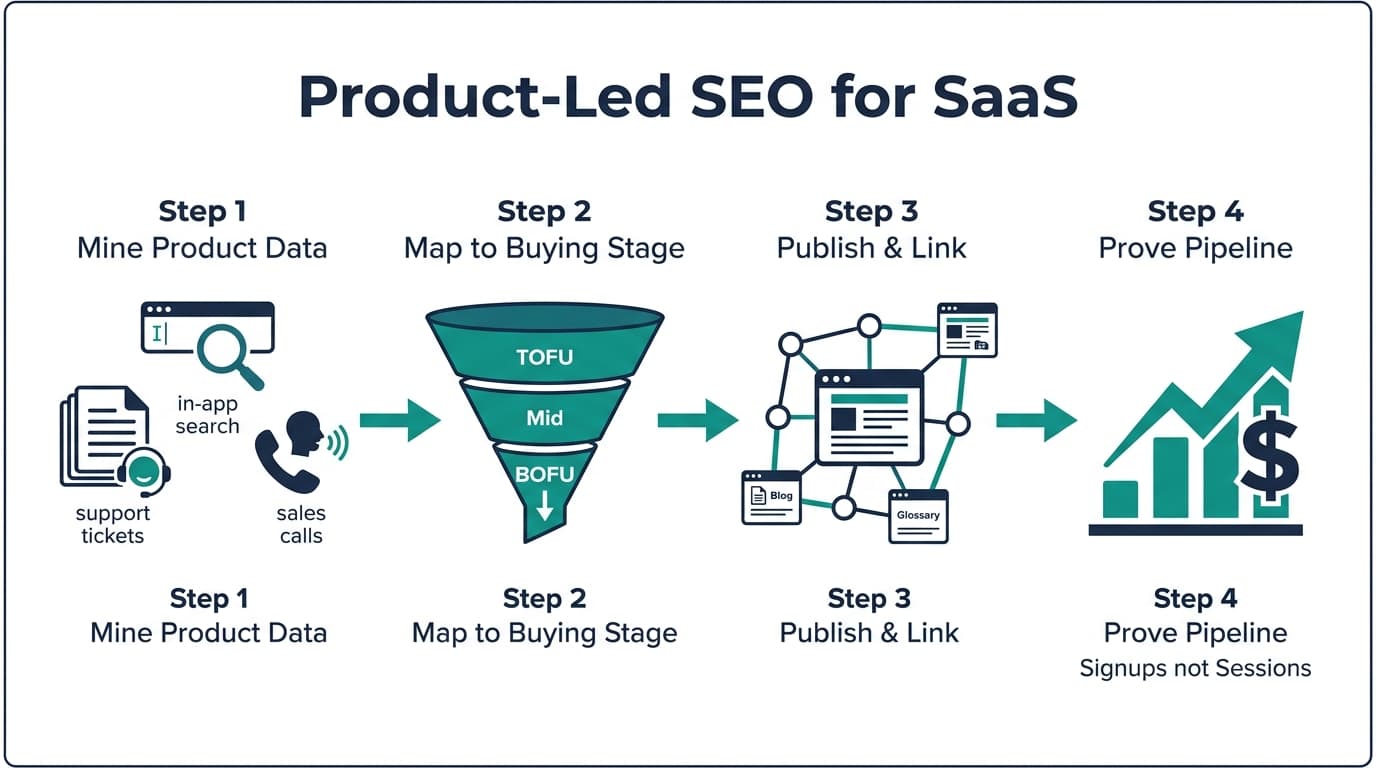 Product-Led SEO fuer SaaS: ein vierstufiger Ablauf vom Auswerten der Produktdaten ueber das Zuordnen der Kaufphasen, das Veroeffentlichen und Verlinken bis zum Nachweis der Pipeline statt der Sitzungen