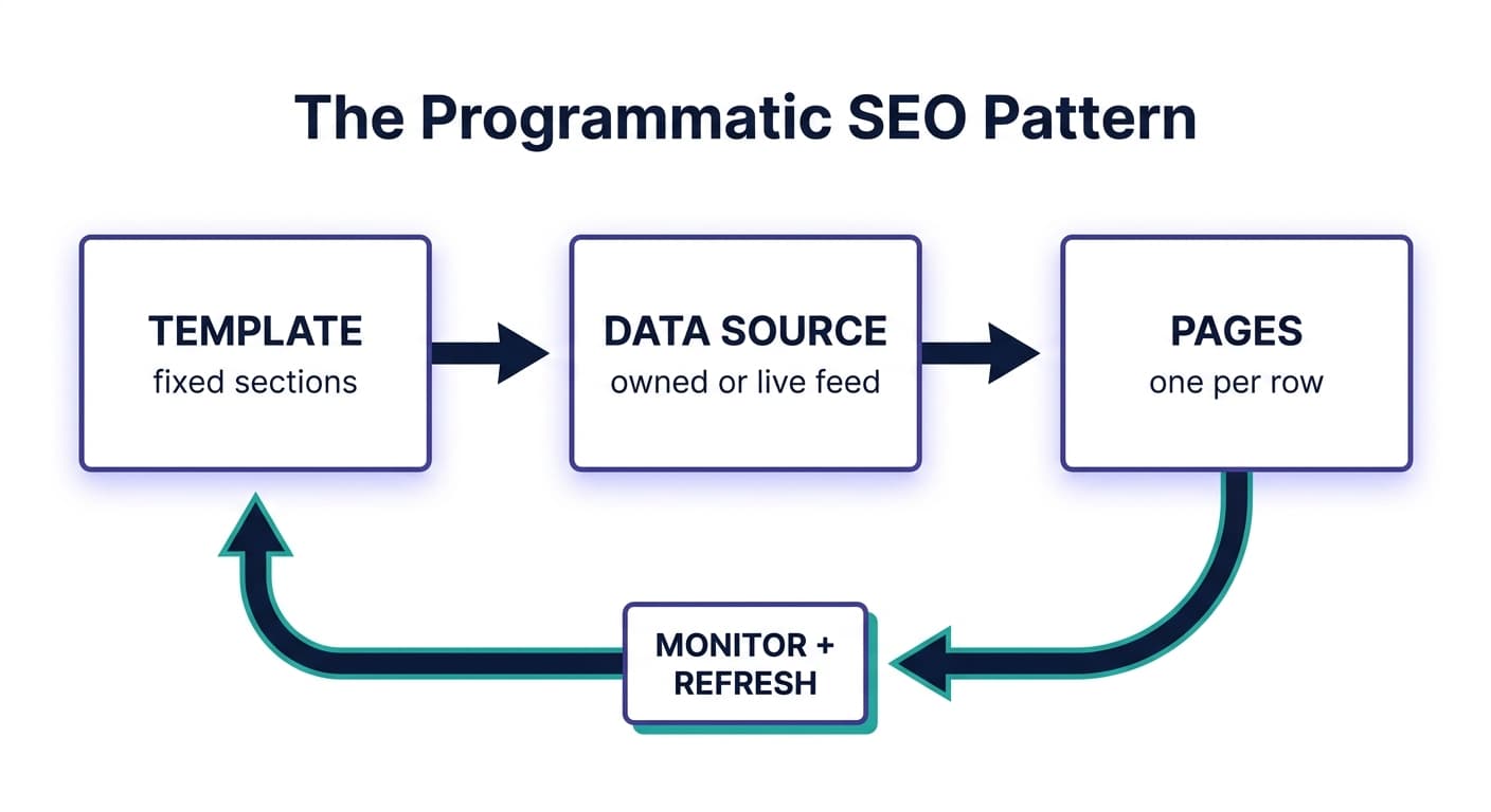 Programmatic SEO template diagram showing data source flowing through template into published pages with monitoring loop