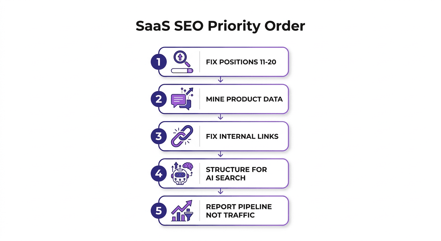 SaaS SEO priority order: fix positions 11-20, mine product data, fix internal links, structure for AI search, report pipeline not traffic