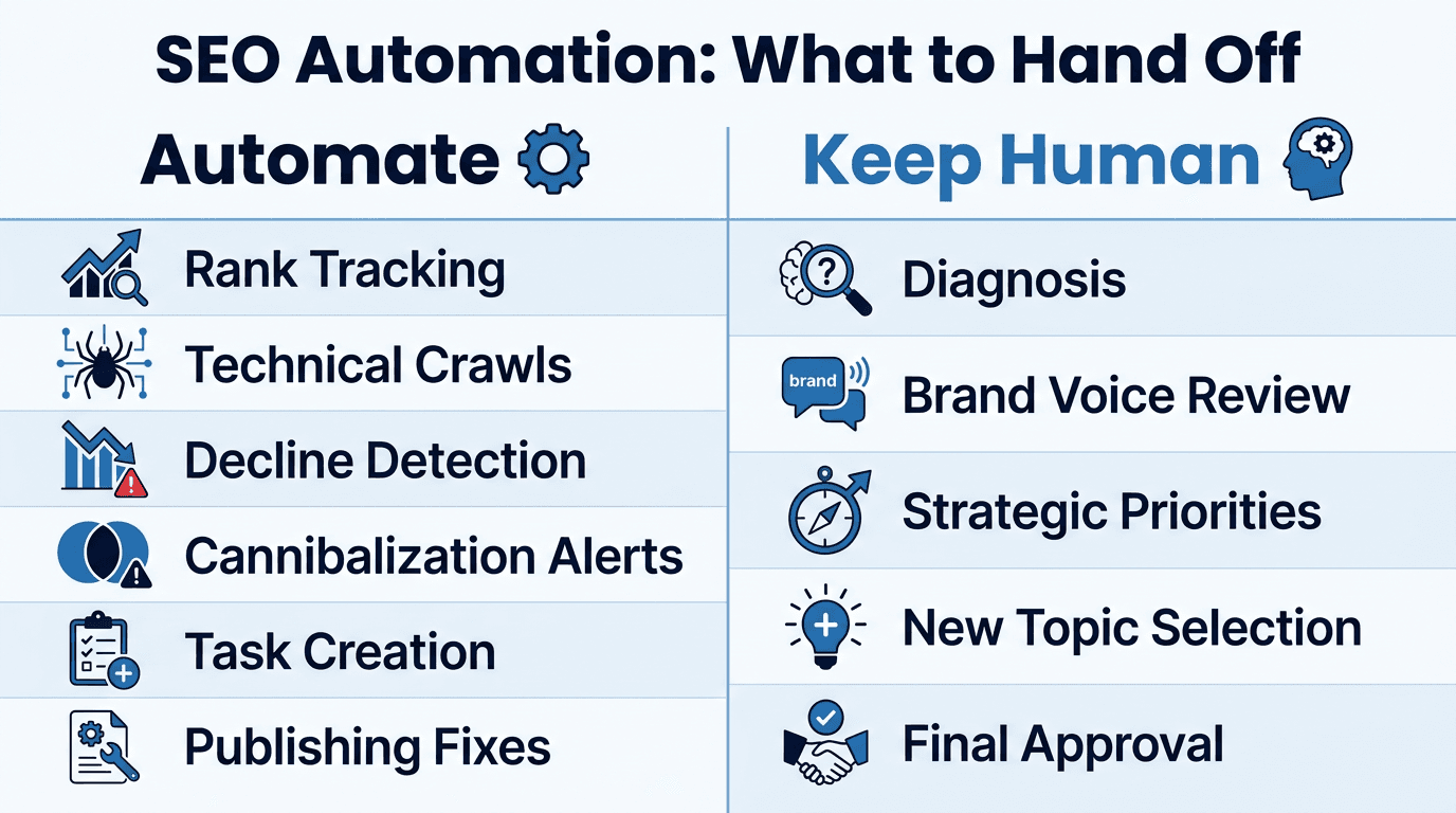 SEO automation decision framework: what to automate vs what needs a human, and the three tool tiers