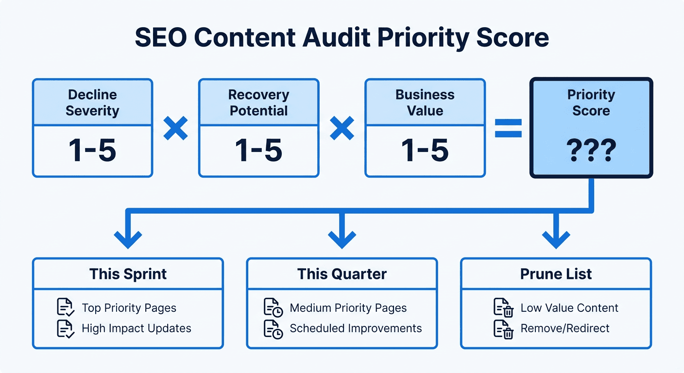 SEO content audit priority score: decline severity times recovery potential times business value, sorted into this sprint, this quarter, and prune buckets