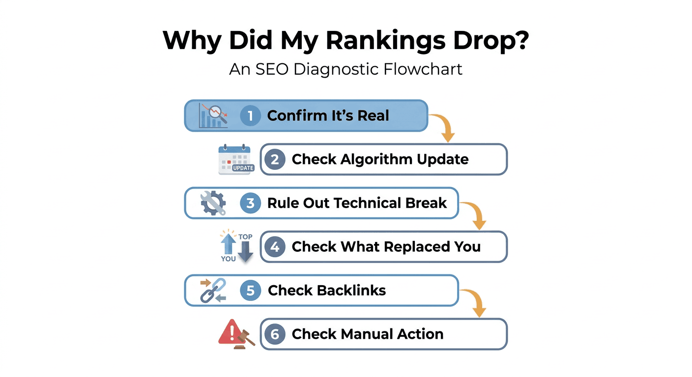 SEO diagnostic flowchart showing six steps to find why rankings dropped: confirm it's real, check algorithm update, rule out technical break, check what replaced you, check backlinks, check manual action