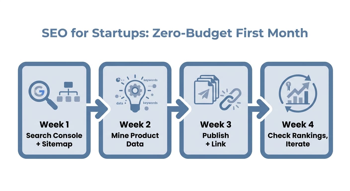 SEO for startups zero-budget four-week action plan: Search Console and sitemap, mining product data, publishing and linking, checking rankings and iterating