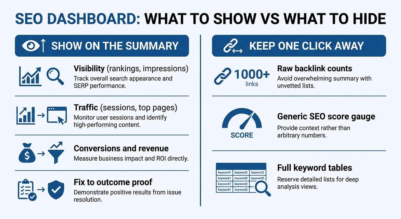 SEO reporting dashboard anatomy: the four things worth showing a client, and the two things to hide behind a detail tab