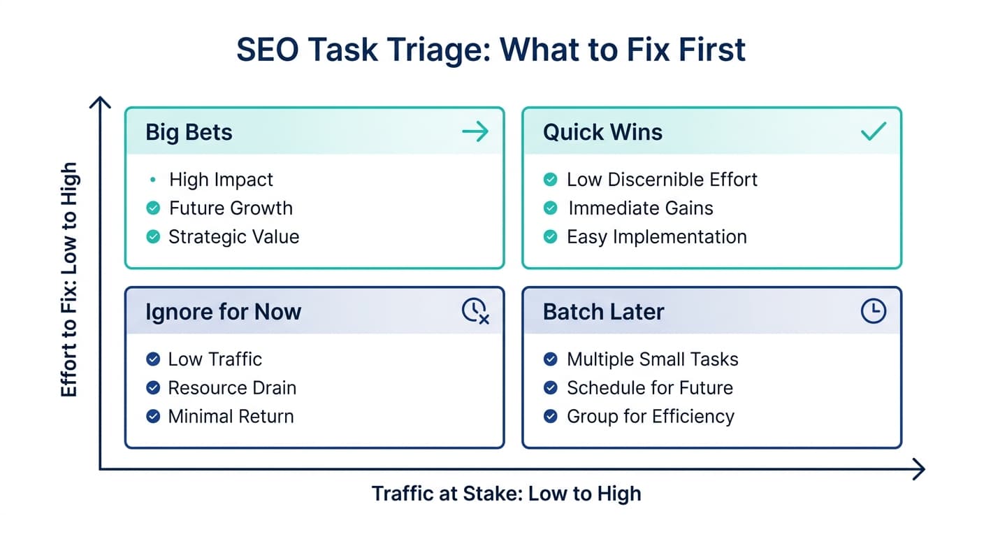 SEO task triage matrix: quick wins, big bets, batch later, and ignore for now, sorted by traffic at stake and effort to fix