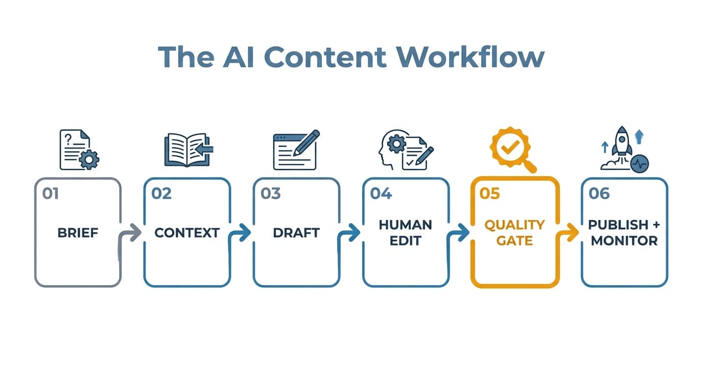 Sechsstufiger KI-Workflow zur Content-Erstellung: Briefing, Kontext, Entwurf, menschliche Bearbeitung, Qualitaetscheck, Veroeffentlichen und Monitoring