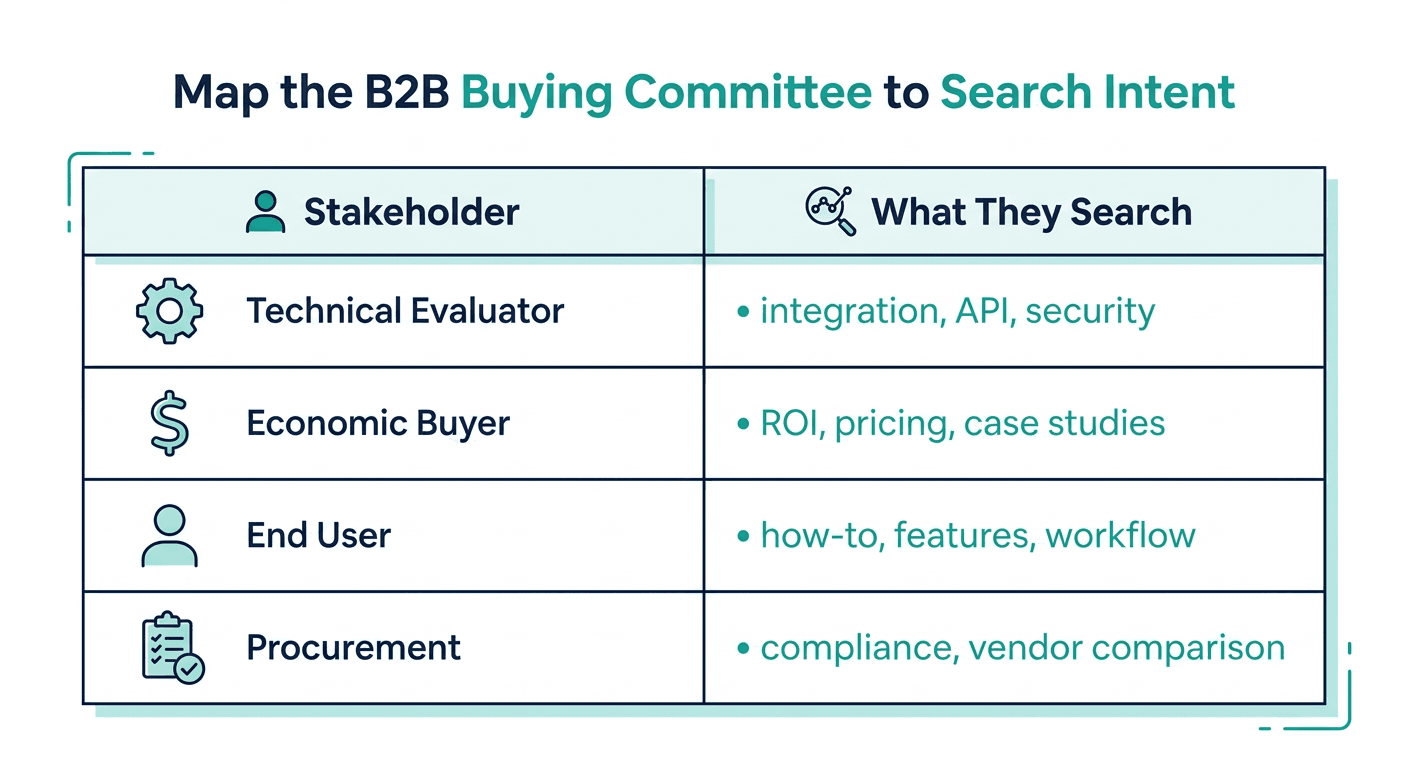 Tabelle, die die Stakeholder des B2B-Buying-Centers dem zuordnet, wonach jeder einzelne sucht