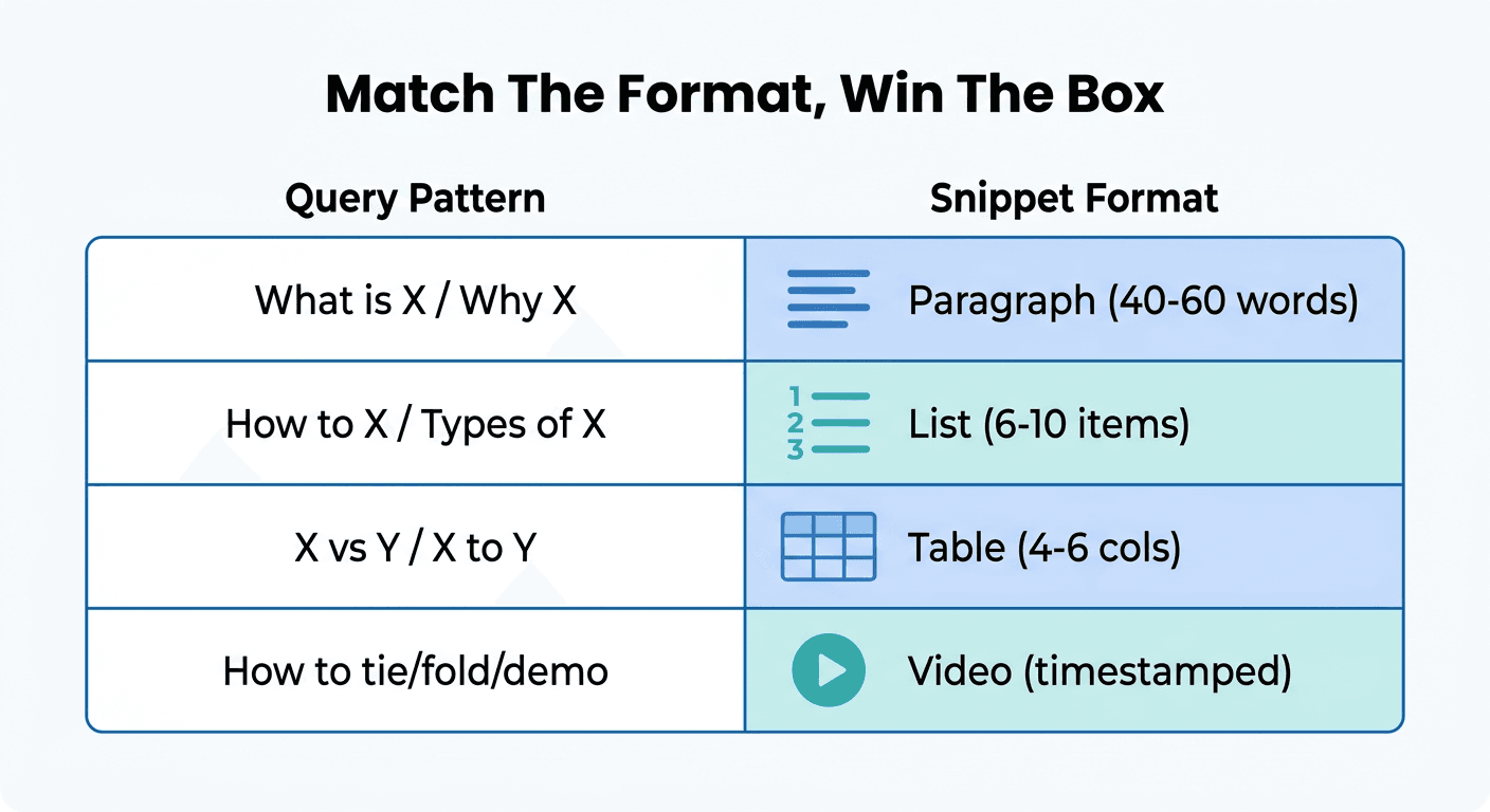 Tabelle, die Anfragemuster dem Featured-Snippet-Format zuordnet, das Google anzeigt: Absatz, Liste, Tabelle, Video