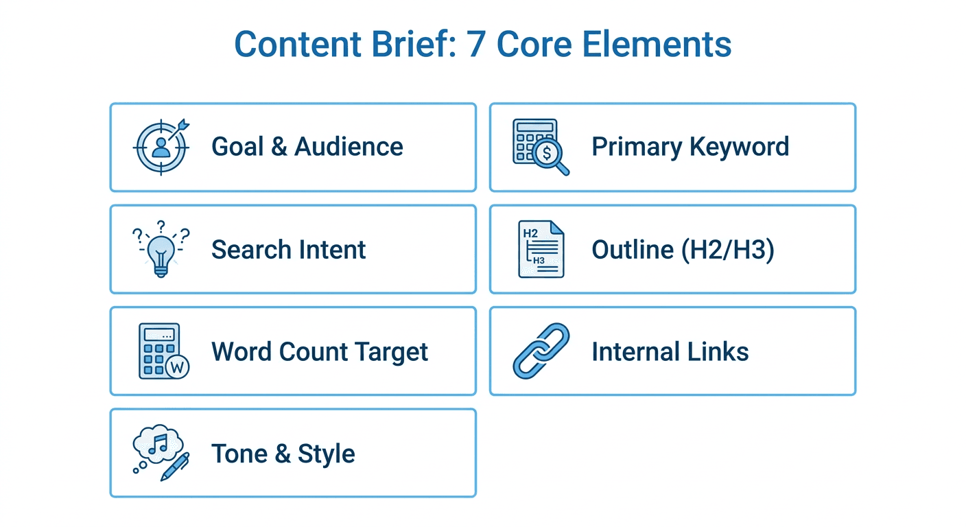 Die 7 Kernbestandteile eines Content Briefs: Ziel und Zielgruppe, Haupt-Keyword, Suchintention, Gliederung, Wortanzahl-Ziel, interne Links, Ton und Stil