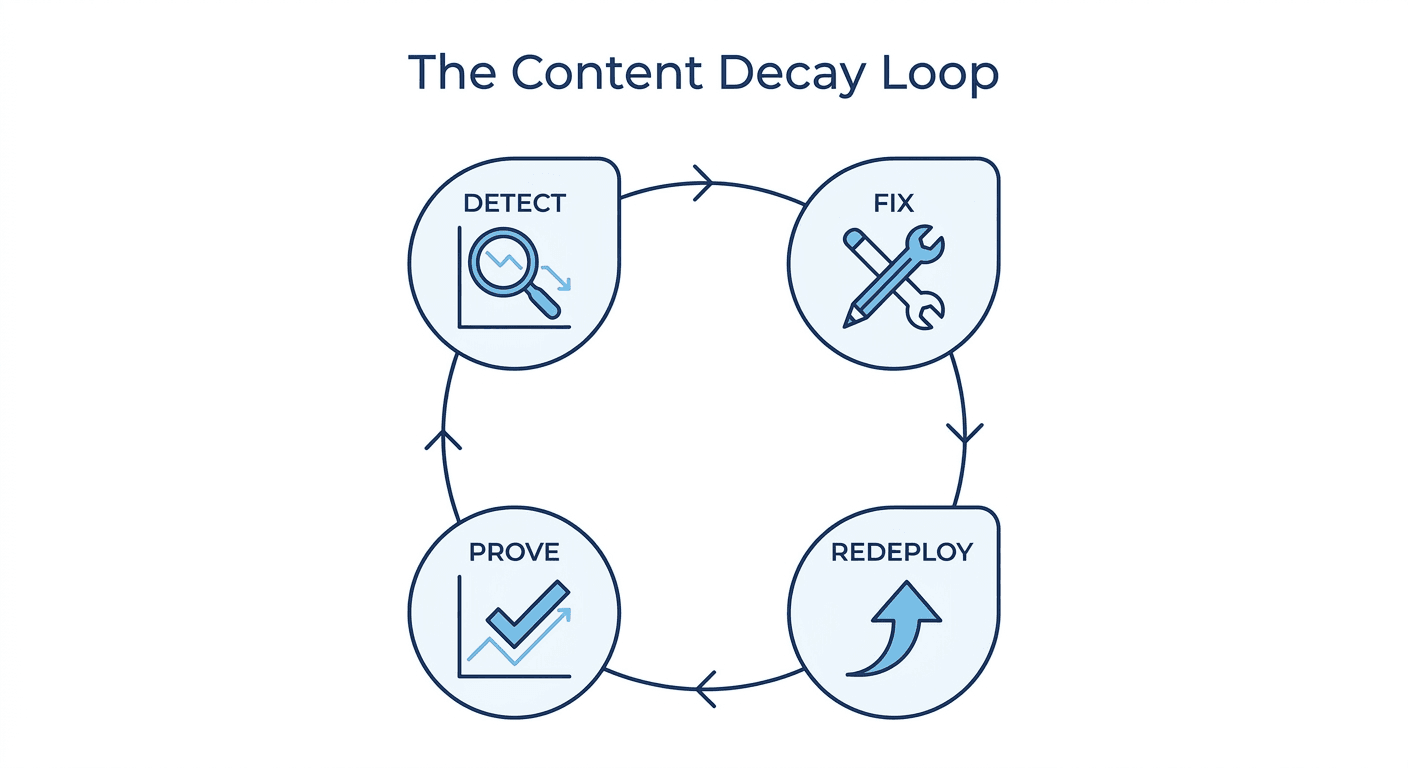 The content decay loop: detect, fix, redeploy, prove, shown as a continuous cycle