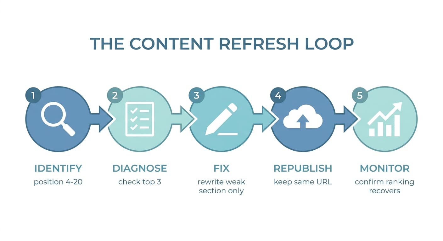 A five-step content refresh loop: identify the decaying page, diagnose the weak section against the current top 3, fix only that section, republish without changing the URL, then monitor Search Console for the ranking to recover before moving to the next page.
