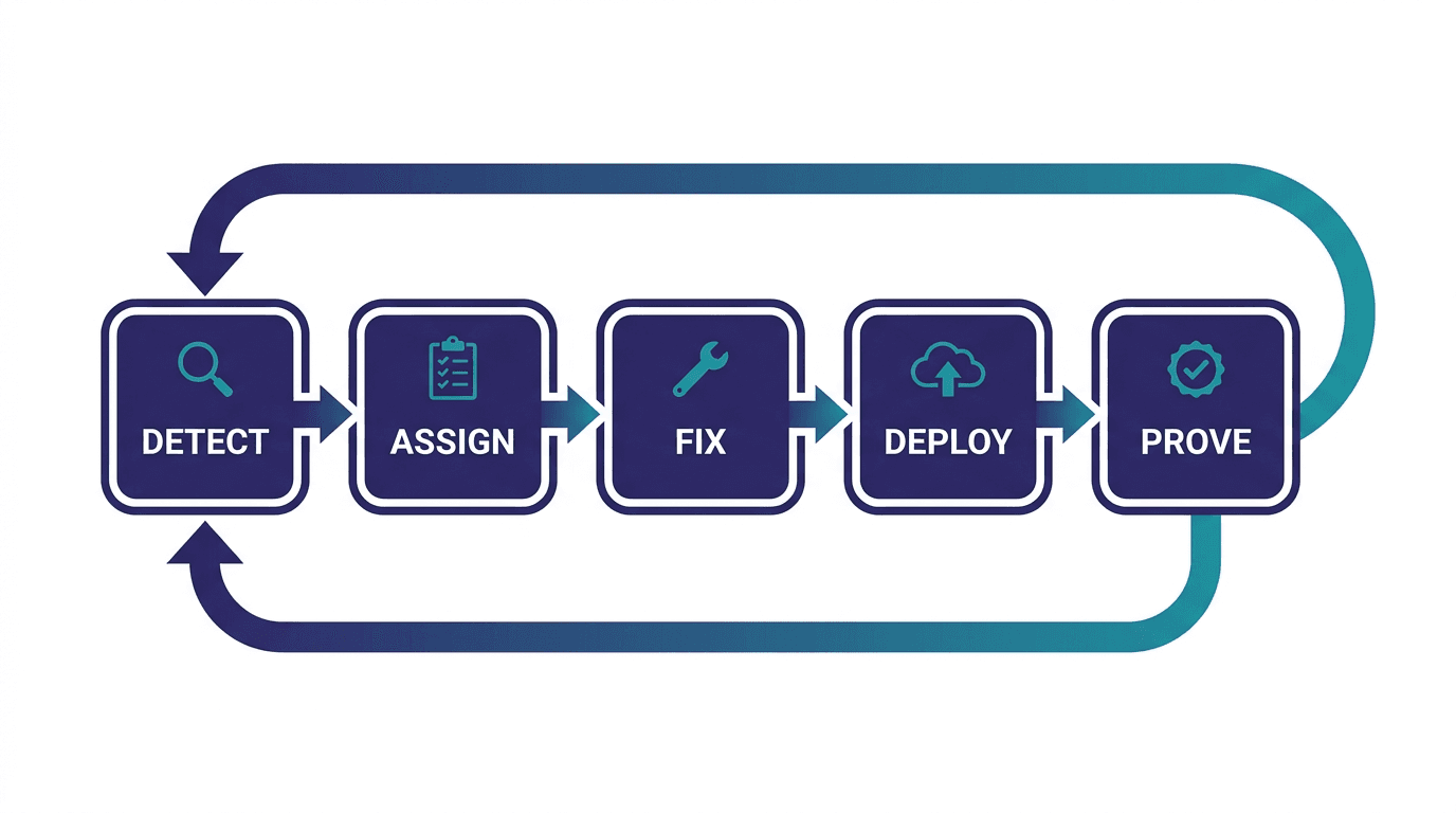 The five-stage SEO workflow: detect, assign, fix, deploy, and prove, shown as a closed loop