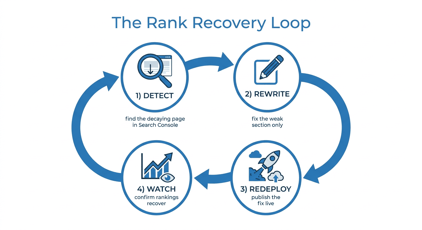 The rank recovery loop: detect the decaying page, rewrite the weak section, redeploy the fix, watch rankings recover