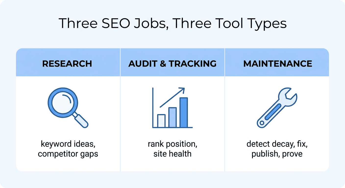 Three SEO jobs and three tool types for small business: research, audit and tracking, and maintenance